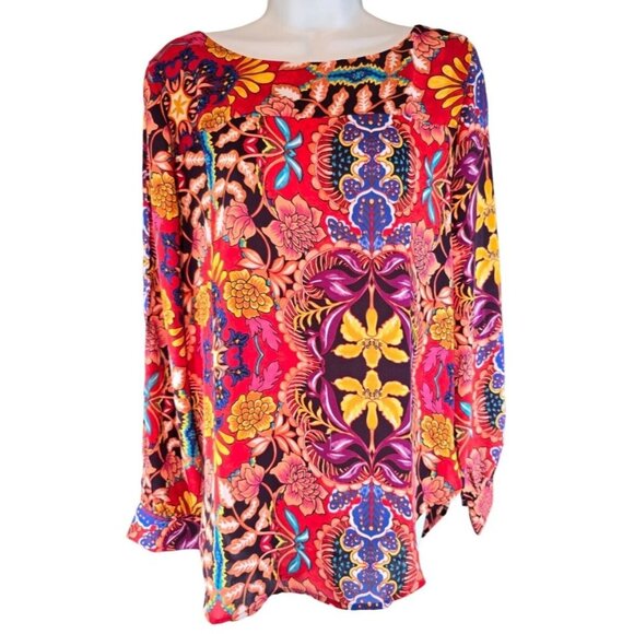 Loft Red Orange Yellow Tunic Blouse Top Shirt Size Medium M Open Sleeve Floral - Picture 1 of 4